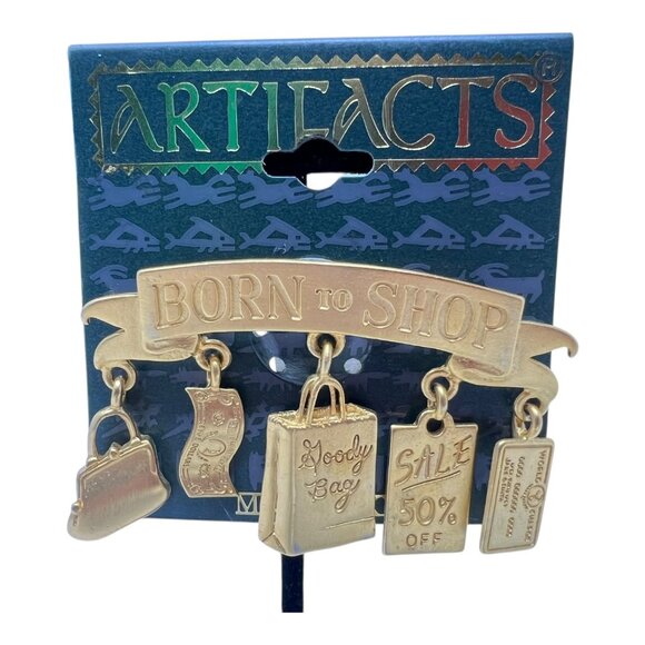 Artifacts JJ Jewelry - Artifacts JJ Born to Shop Five 5 Dangle Charms Brooch Pin Gold Tone NEW Vtg